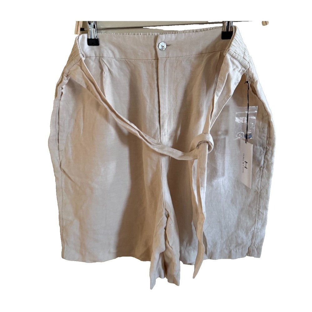 Halston Linen Tie Waist Shorts Women's Size XL NWT Resortwear Quiet Luxury Long‎